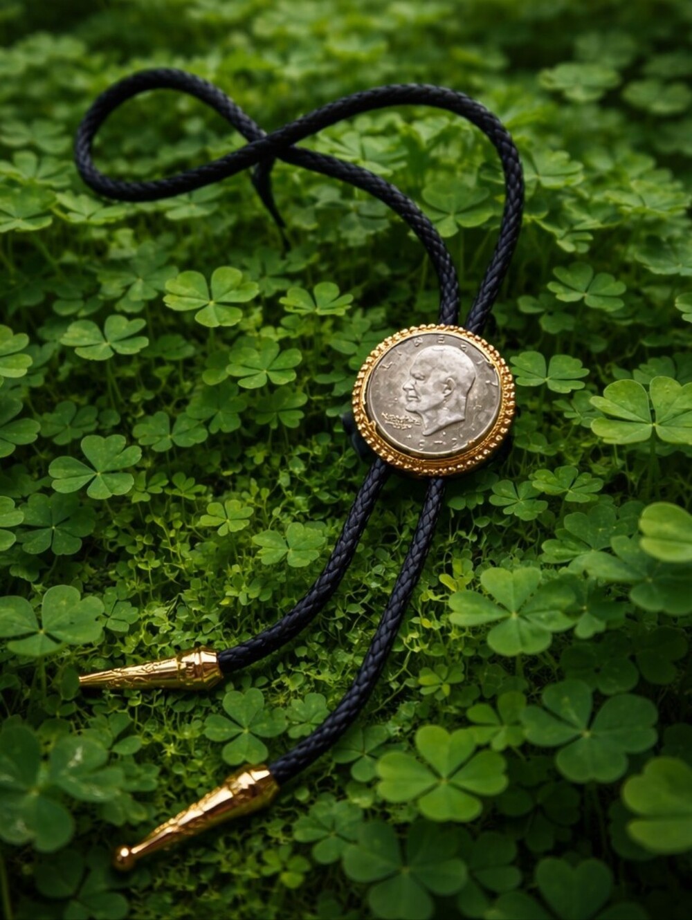 1972 Eisenhower Dollar Bolo Tie – Vintage Coin Style Western Cowboy Necktie Blac